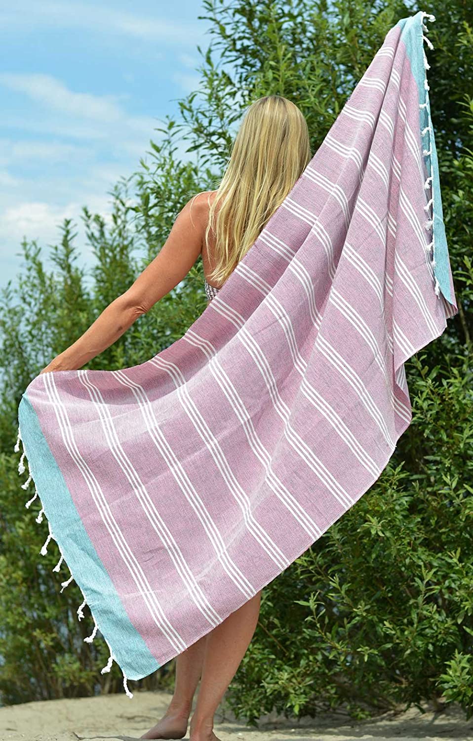 Toalla de Playa – Pareo Fouta Rosa rayas blancas